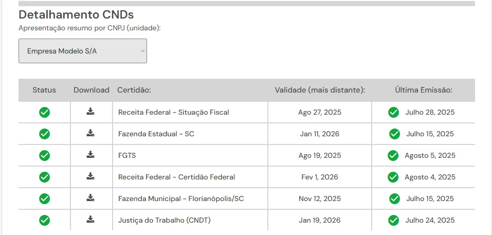 Detalhamento de certidões do FinDrive